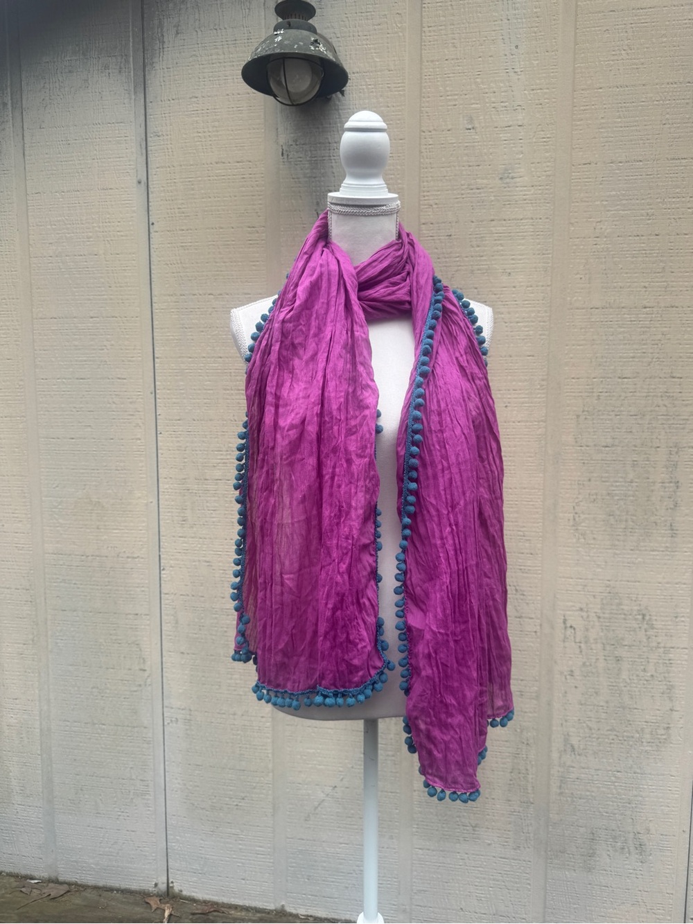 NATURAL LIFE Fuchsia Scarf with Teal Pom-Pom Trim